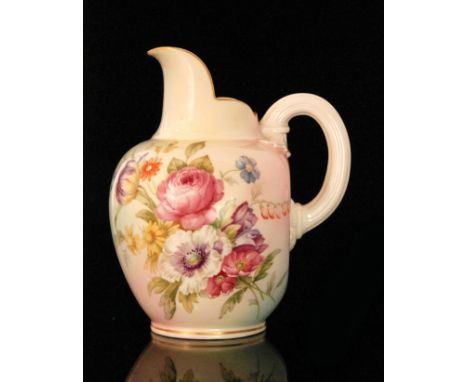 A Royal Worcester 1096 flatback jug transfer decorated with a spray of flowers against a pale pink to yellow ground, green pr