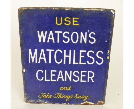 An early 20th Century double sided enamel advertising sign for 'Use Watson's Matchless Cleanser and Take Things Easy' and 'Sp