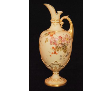 A late 19th Century Royal Worcester blush ivory footed ewer decorated with dog roses, puce mark with date code for 1894, heig