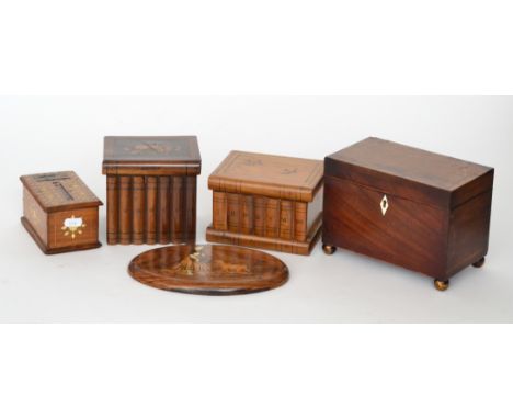 A 19th Century crossbanded mahogany tea caddy together with book fronted boxes one inlaid with flowers, a money box and a mar