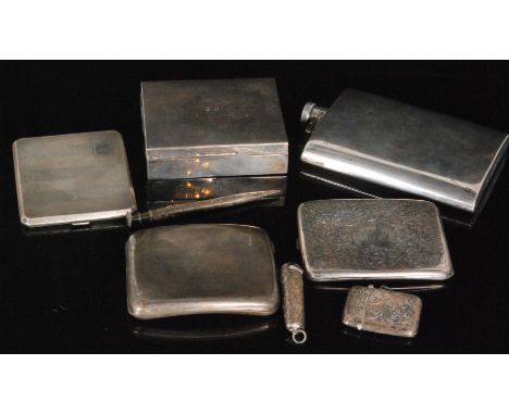 A George VI hallmarked silver hip flask, length 15cm, weight 6.9oz, Birmingham 1934, William Neale and Son Ltd,  three silver