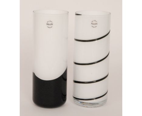 Two contemporary Italian Murano glass cylinder vases by C. Nason, the first with opal cased in clear glass with a black spira