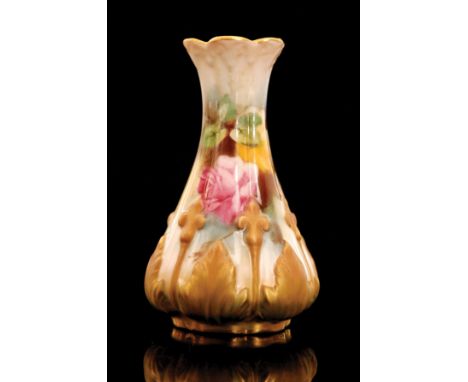 A small Royal Worcester bud vase decorated with a hand painted pink and yellow rose with moulded gilt borders, green printed 