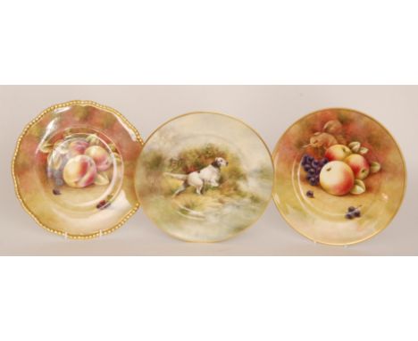 Three hand painted cabinet plates by former Royal Worcester artist Richard Budd comprising two decorated with 'Fallen Fruits'