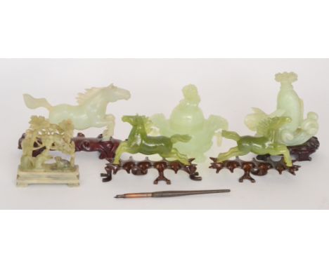 A mid 20th Century Chinese pale jade koro and cover, together with other examples decorated with fruiting boughs, squirrels, 