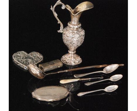 A small parcel lot of hallmarked silver and silver plated items to include a Victorian heart shaped trinket tray embossed wit