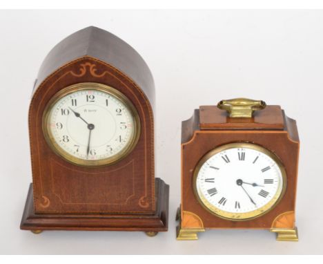 An Edwardian line inlaid and chequer strung mahogany lancet clock with eight day movement together with a similiar mantle clo