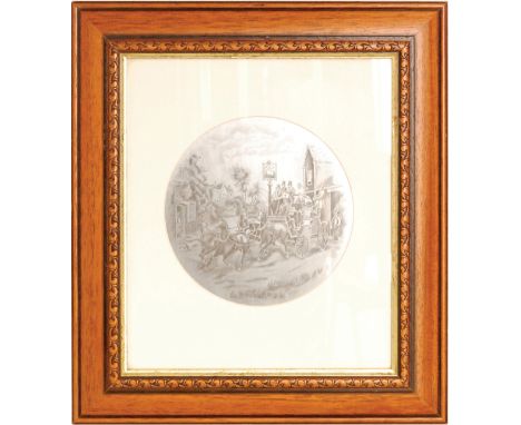 A framed mid 20th Century zinc over copper Johnson Brothers 'Coaching Scenes' lithograph printing plate engraved with four dr
