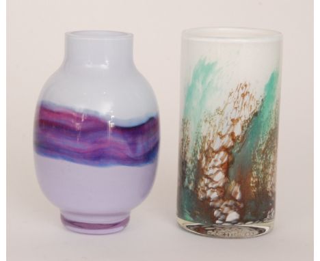 A later 20th Century Caithness lantern vase of footed cylindrical form with collar neck, decorated with a purple strap line o