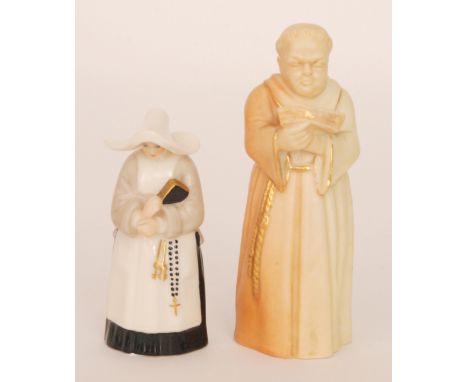 Two Royal Worcester candle snuffers, the first modelled as a blush ivory monk reading, the second a nun holding a book, both 