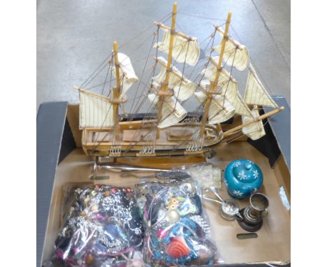 Two bags of costume jewellery, a model of The Bounty and plated items **PLEASE NOTE THIS LOT IS NOT ELIGIBLE FOR POSTING AND 