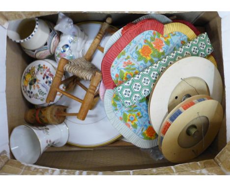 Four Chinese lanterns, a fan, two Boots commemorative plates, Boots goods van, shop front, a Royal Worcester cake plate, Ayns