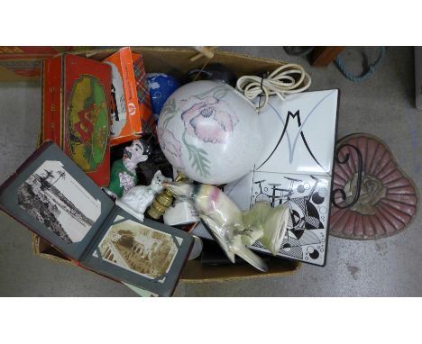 A Jema toucan, tins, Denby lamp base, Wedgwood, Belleek, a Chinese blue and white vase, heavy brass door knocker, etc. **PLEA