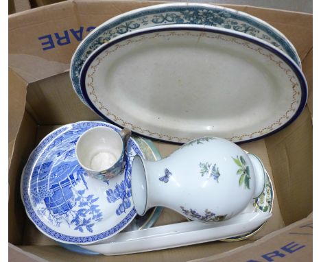 A box of mixed china including Spode Blue Room collectors plates, two Mason's plates and a Beswick mug, etc. **PLEASE NOTE TH