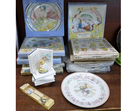 Wedgwood Peter Rabbit plates, seven Birthday plates, 1982-2004, nine Christmas plates, 1985-1999, a plated collectors spoon a
