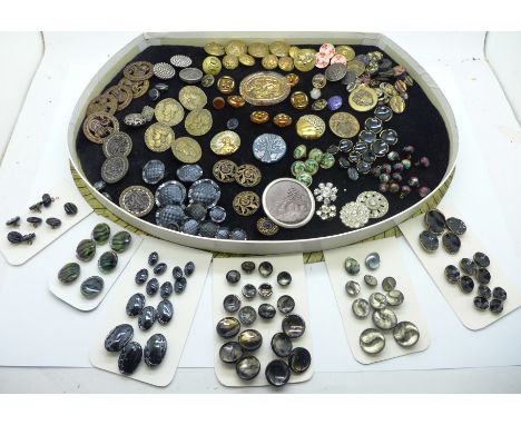 A collection of buttons including Victorian agate, metal and glass, enamel, brass military buttons, Firmin &amp; Sons, Hinks 