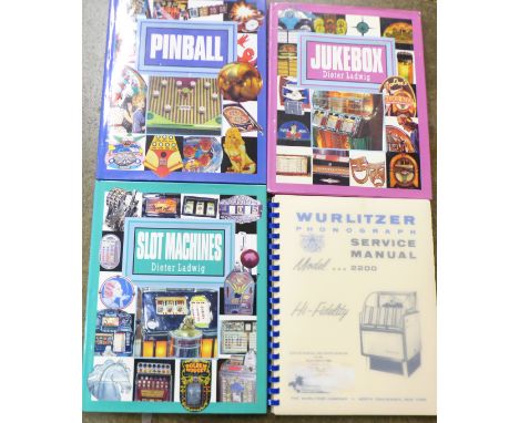 A Wurlitzer Phonograph Service Manual, Model 2200 of 1958, and three books, Pinball, Slot Machines and Jukebox 