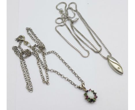 Two silver pendants and chains, one set with opal and other gemstones 