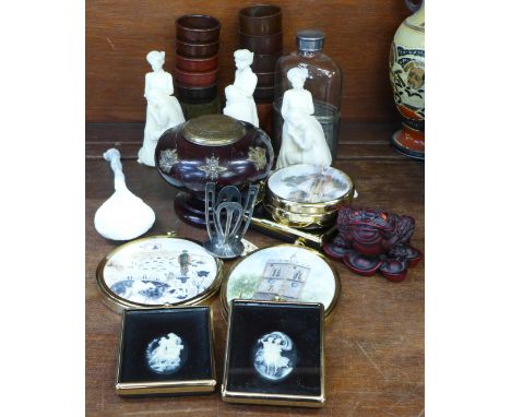 Bakelite egg cups, an inkwell, a hip flask, an Art Nouveau stand, a resin frog, an oriental tea service, lacking one cup, etc