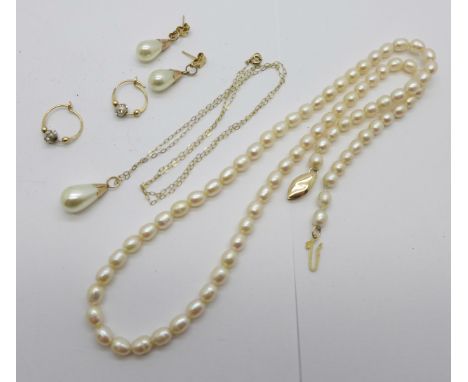 A freshwater pearl necklace with 14ct gold clasp, a pair of 9ct gold earrings, a 9ct gold and pearl pendant and chain and a m
