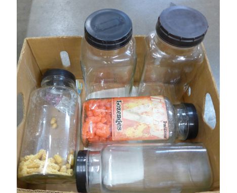 Five vintage Sweetshop jars, two with Bakelite lids **PLEASE NOTE THIS LOT IS NOT ELIGIBLE FOR POSTING AND PACKING** 