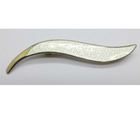 A Norwegian silver gilt and white enamel leaf brooch, 60mm 