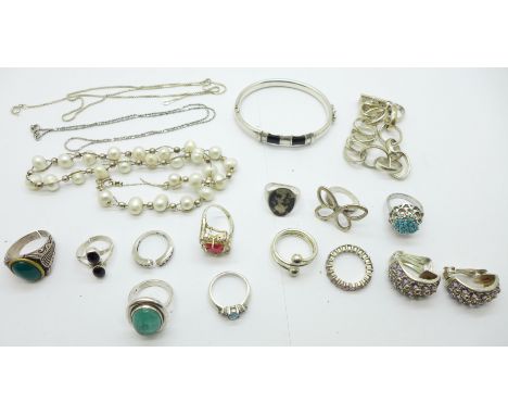 Silver rings, a silver and pearl necklace, earrings, white metal bangle, etc. 
