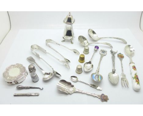 A collection of silver, two pairs of sugar bows, pill box, mustard spoon, tooth pick, 137g and a collection of plated items 