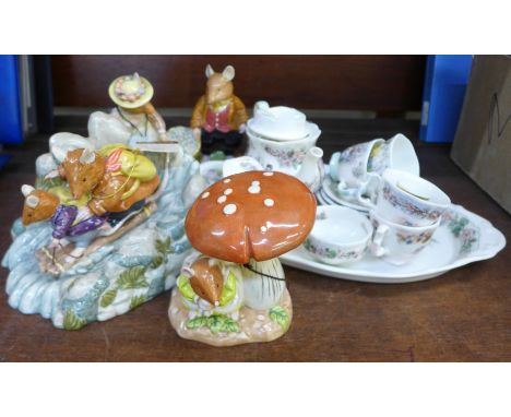 Three Royal Doulton Brambly Hedge figures and a miniature tea service 