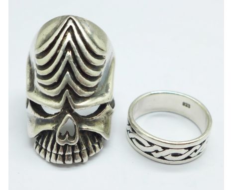 A 925 silver 'skull' ring and one other silver ring, Z and U 