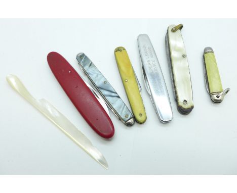 Six penknives and a mother of pearl knife 