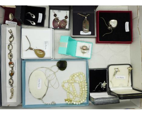 A collection of silver jewellery including mother of pearl and other stone set items