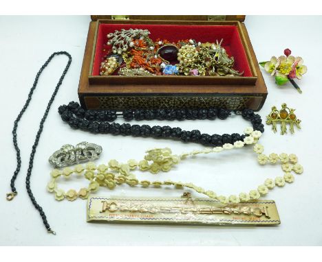 Vintage costume jewellery; coral necklaces, pique brooch, etc. 