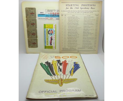 A 1968 Indianapolis 500 Official Programme, The 52nd 500 with ticket, time trials tickets, return check and a Starting Positi