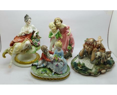 A Royal Worcester figure modelled by F.G. Doughty and three Neapolitan figures, two a/f, (finger on lady and some petals, and