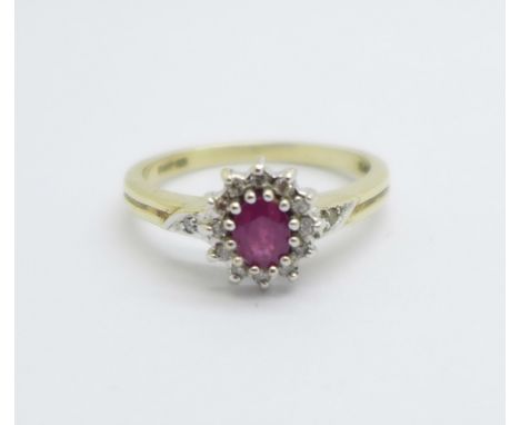 A 9ct gold, ruby and diamond cluster ring, 3g, Q 