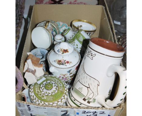 Quantity of assorted ceramics and glassware&nbsp;to include assorted flower planters,. a moulded glass claret jug with silver