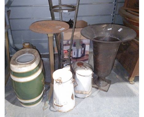 Two enamel jugs, a ceramic half-barrel flask&nbsp;labelled Mendosa Medium Sherry, an earthenware flagon&nbsp;marked Cirencest