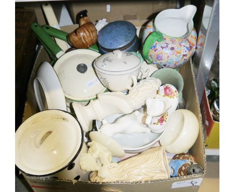 Assorted glass and ceramics&nbsp;to include a Soho pottery jug, enamelled sauce pans, various ceramics, Sylvac-style dog, ass