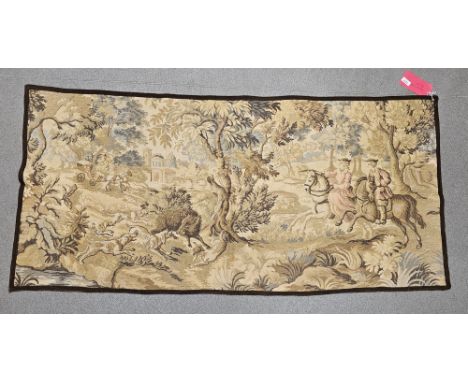 Old French tapestry&nbsp;depicting hunting scene in forest with horse-drawn carriage and building in background, 150cm x 71cm