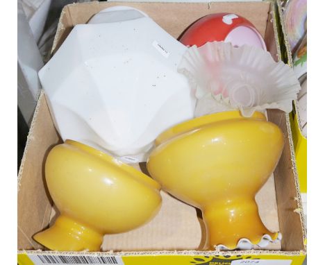 Various vintage glass light shades&nbsp;to include opalescent, painted, frilled edges and three vintage telephones
