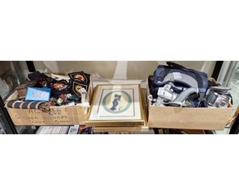 Quantity of blazer badges, ribbons, school scarf, boxes, three&nbsp;framed prints&nbsp;of later 18th century soldiers uniform