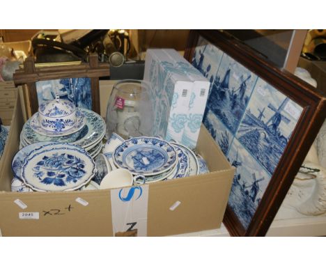 Quantity of delft blue wares&nbsp;to include four large plates and others with countryside scenes, several pin dishes and a f