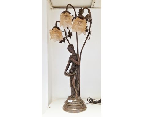 Large contemporary bronzed metal Art Nouveau-style figural three-light table lamp,&nbsp;cast as a maiden holding a basket of 