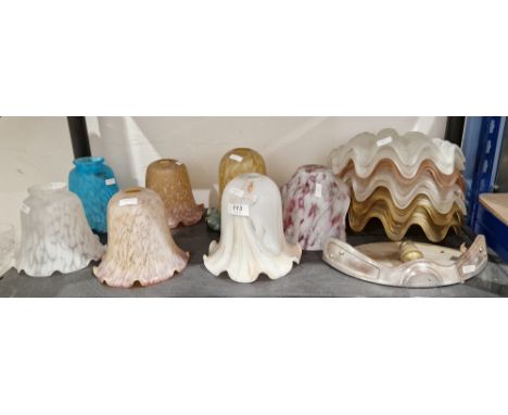 Collection of Art Nouveau and Art Deco opaque glass lampshades, including seven frosted scallop shell-shaped shades, one chro