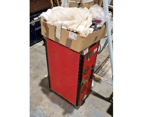 Red canvas and metal bound travelling trunk&nbsp;and a box of assorted textiles, table linen, vintage bags, babygown, a small