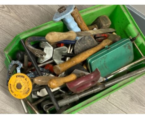 Box of miscellaneous vintage hand tools including hammer, mallet, saws etc