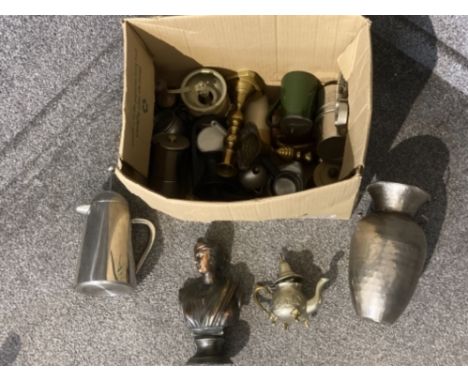 Metal ware to include a classical bust, coffee grinder, pewter measure etc