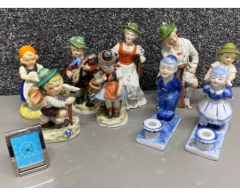 7 west German Hummel style figures plus 2x Dutch blue &amp; white delfts ceramic candle holders