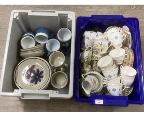 Denby teacups and saucers, Norway stoneware part tea set, etc in two boxes